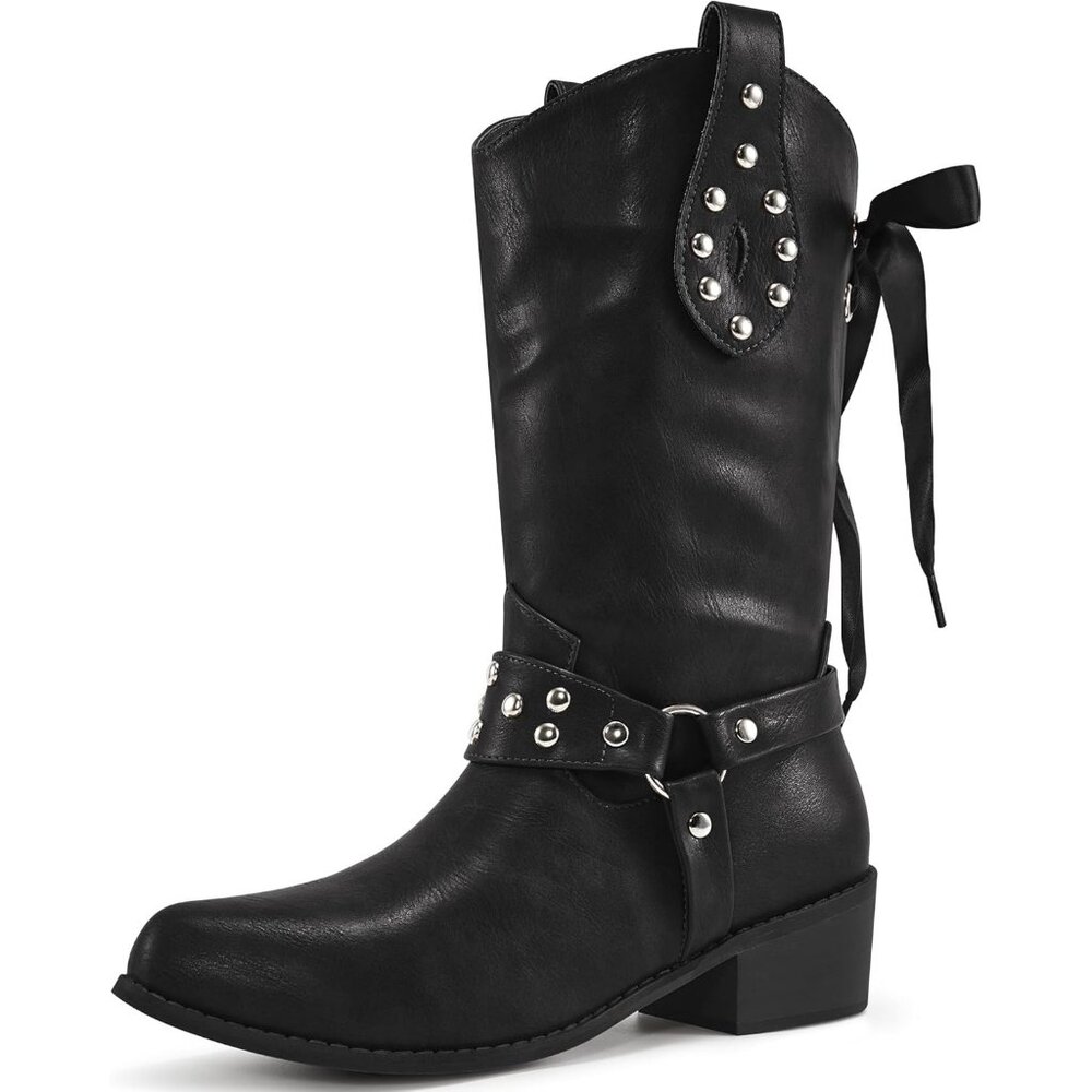 Women's Western Leather Mid Calf Fashion Chunky Cowgirl Pointed Toe Black Boot - Picture 1 of 7